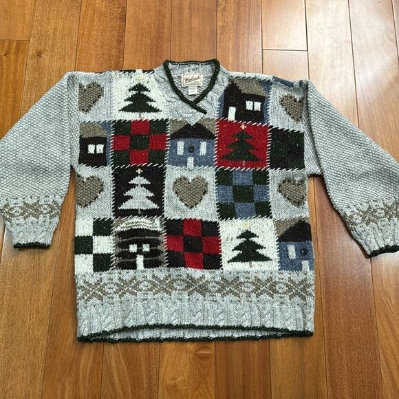 Woolrich Wool Sweater V-Neck Not Ugly Christmas Tree Heart Chunky Knit size L - Picture 1 of 10